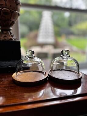 Pair Mini Glass Cloche Cupcake Domes Wood Base 4" Small Cheese Butter Servers